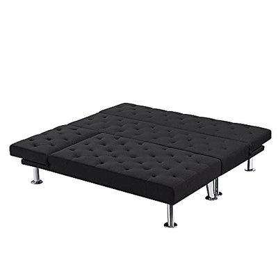 STARTOGOO Large Reversible Sectional Sleeper Futon Sofa Bed, 4 Seating Fabric Upholstery Convertible L-Shaped Couch with Chaise Lounger and Metal Legs for Living Room, 95 Inch, Black
