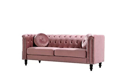 US Pride Furniture Modern Style High Density Foam 75.98'' Wide Rose Velvet Rolled Arm 2 Seater Chesterfield Living Room Removable Cushion & Solid Wood Legs (S5608-5613) Sofas
