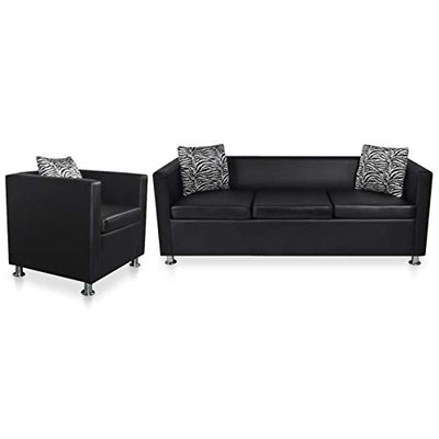 Festnight Modern Sofa Set 3-Seater Sofa and Cube Armchair Set Faux Leather Upholstery Padded Cushion Couch Set for Living Room, Waiting Room, Office, Home Furniture (Black)