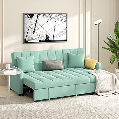 POVISON Reversible Sectional Sofa Sleeper, 82'' Wide Sectional Couch Pull-Out Sofa Bed L-Shape Upholstered Sofa Bed with Storage Chaise for Living Room (Green)