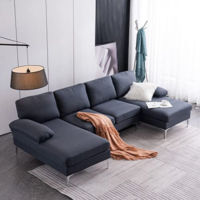 U-Shaped Fabric Sectional Sofa with Two Imperial Concubine, Iron Feet 4 Seats Indoor Modular Sofa Couches (Dark Gray)