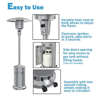 Gas Patio Heater with Wheels，48,000 BTU of outdoor heaters for patio propane for Commercial and Household Use，Stainless Steel Outdoor Propane Heater ,with CSA Certified for Garden