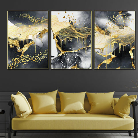 3 Pieces Black & Gold Abstract Birds Framed Canvas Wall Art