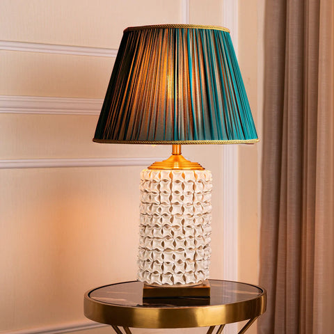 The Beige and Gold Italian Mesh Decorative Ceramic & Stainless Steel Table Lamp With Green Shade