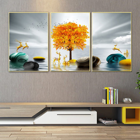 The Golden Glory Framed Canvas Wall Painting Set of 3