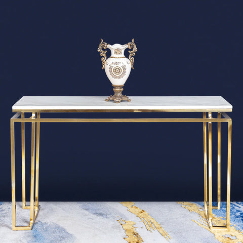 The Square Piped Marble Top Console Table - Gold