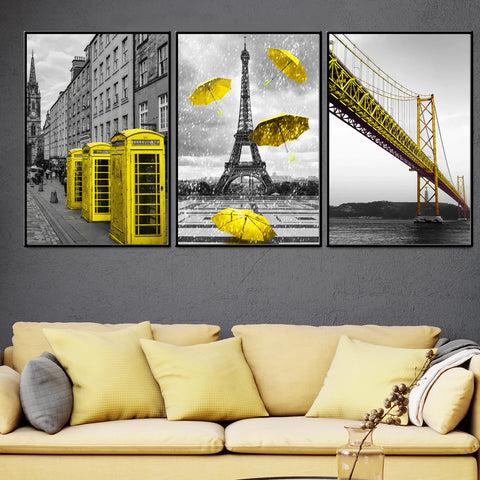 World's Iconic Architecture 3 Panel Framed Canvas Print