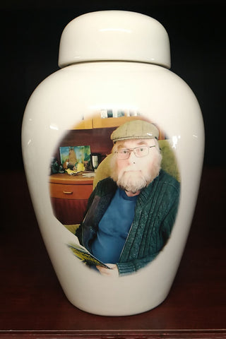 Personalized image on a cremation urn.