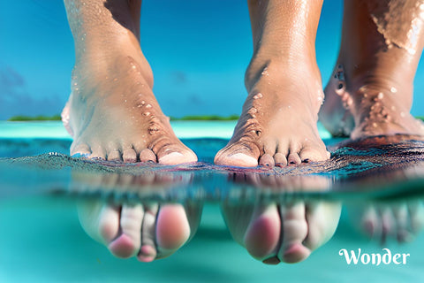 Toes in salty ocean water demonstrating the benefits of salt water on the skin barrier function. Tres Keikis skin health blog 