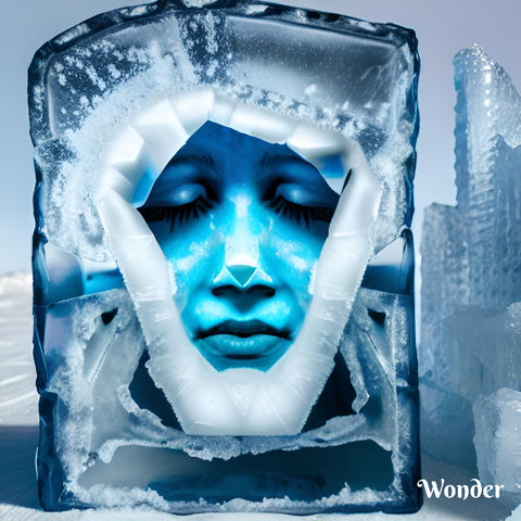 An artist rendering of a blue human face frozen inside and ice cube. Tres Keikis Natural Skincare, woman owner Chantelle Davidson 