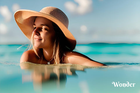 Tres Keikis woman in a hat floating in the ocean. In danger of extra harmful UV rays. Tres Keikis Skin Health blog 