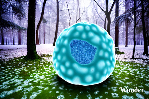 An artist rendering of a blue large skin cell sitting in an ice forrest. Tres Keikis Natural Skincare, by Chantelle Davidson 