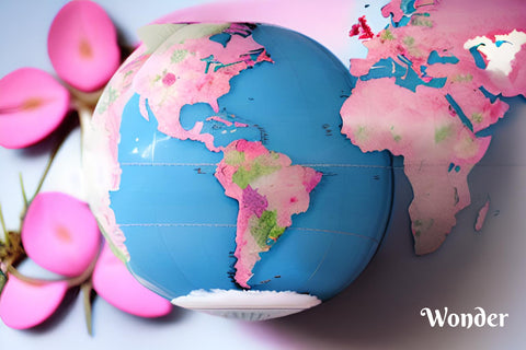 Tres Keikis natural skincare showing a blue planet with pink continents and a light pink background
