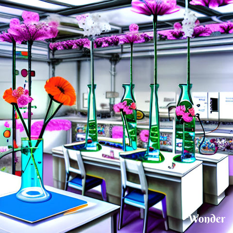 Science laboratory with plants in the vials for Tres Keikis Natural Plantmade skincare