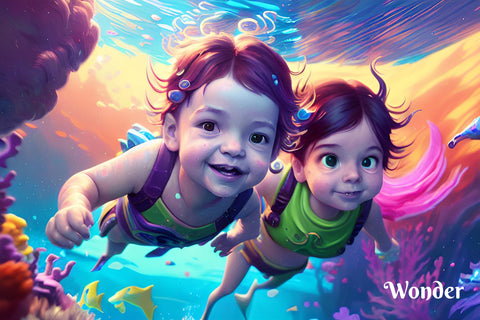 Whimsical children swimming underwater in a chlorinated pool. Tres Keikis skin health blog