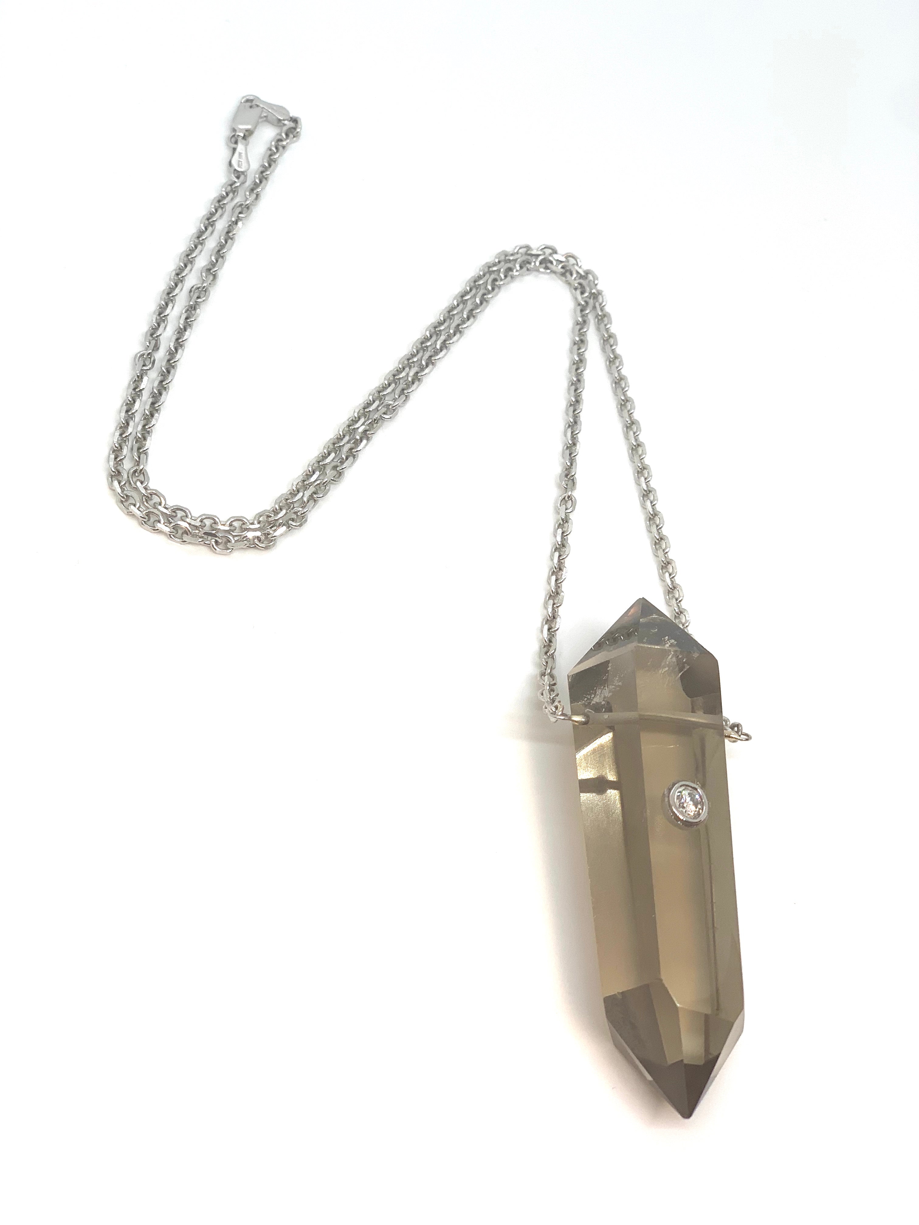 Smoky Quartz Power Crystal 1 Point Diamond Necklace