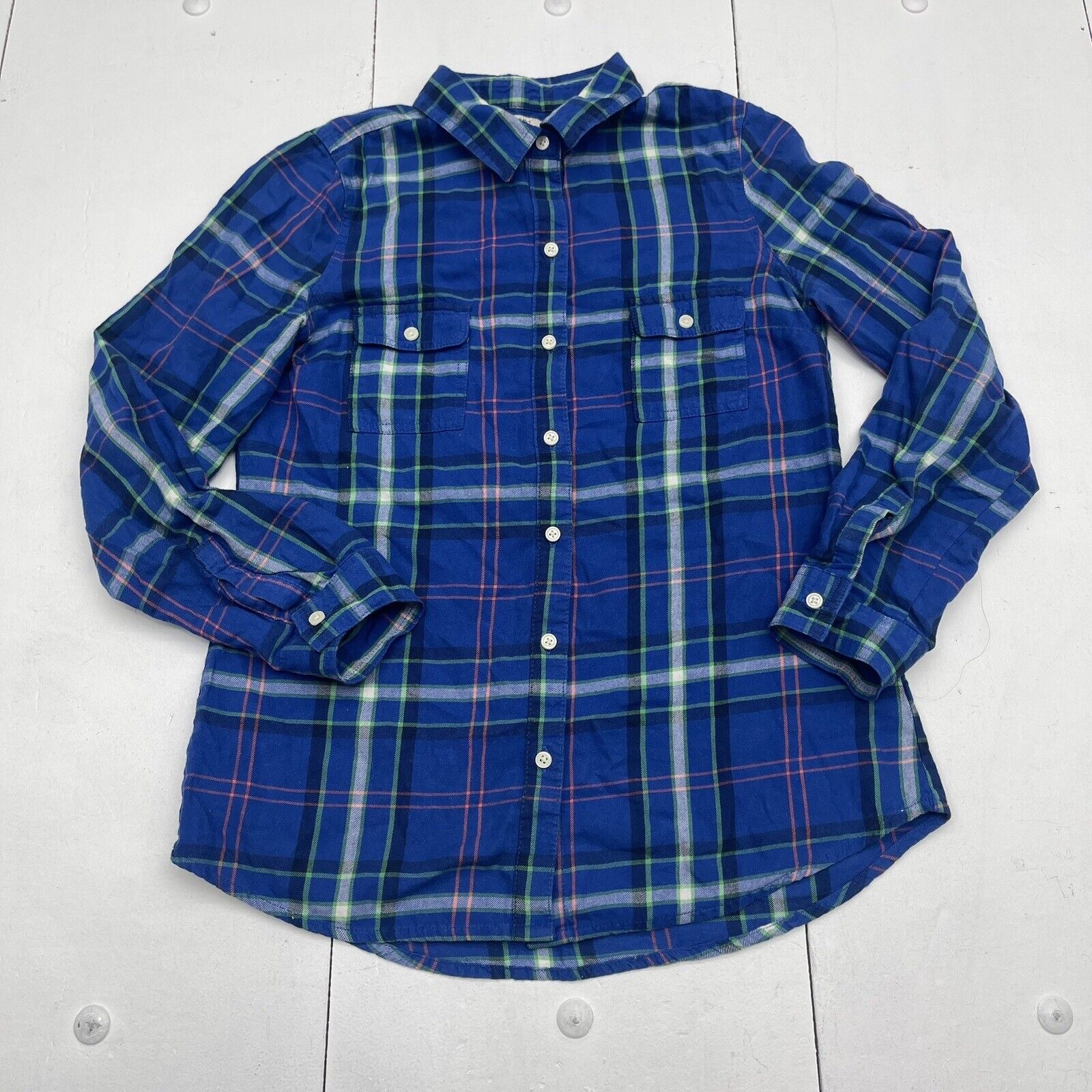 Fitz Eddi Women's Size Medium Blue Plaid Long Sleeve Cotton Ripped