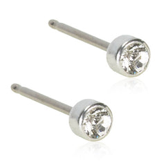 Small titanium stud earrings from Blomdahl, silver-colored with crystal