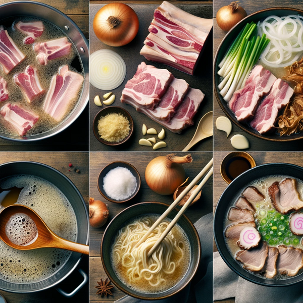 Photo montage showcasing the stages of preparing Tonkotsu Ramen_ Top left, pork bones in a pot of water. Top right, aromatics like onion, garlic, and