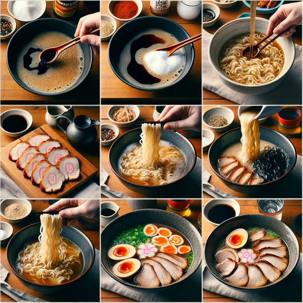 Photo montage showing the stages of making Shoyu Ramen at home_ The top left corner shows a pot of boiling chicken stock with soy sauce and mirin bein