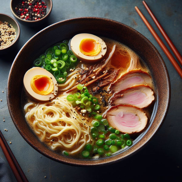 A bowl of ramen with eggs, chashu and other toppings