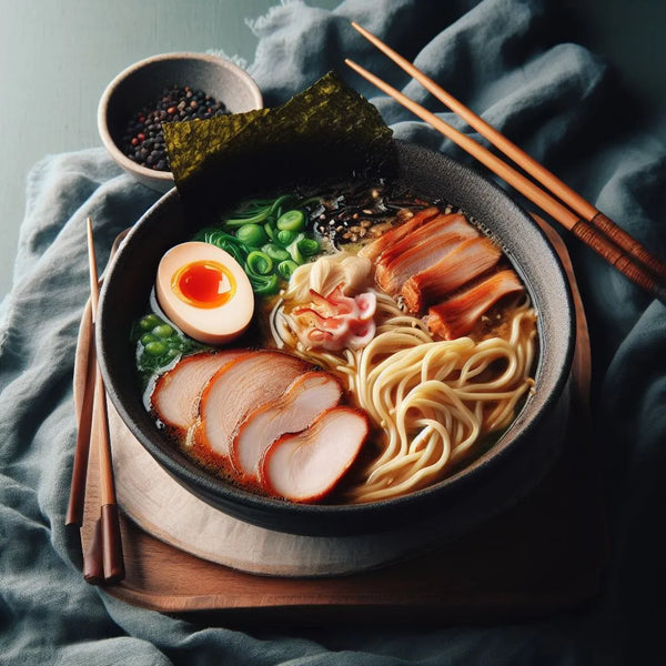 A bowl of ramen with chashu toppings and some chopsticks