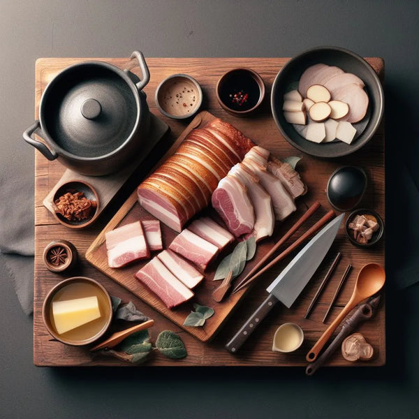 A photo showing how to prepare chashu in a kitchen setting with chashu slices and other ingrindients.