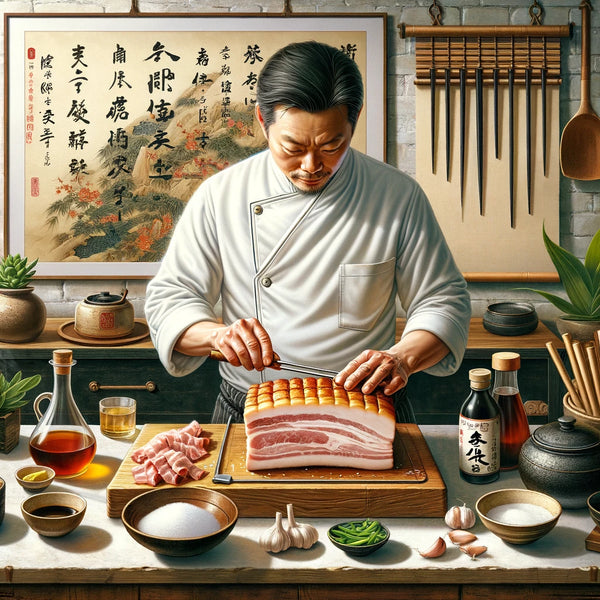 a chef in a modern kitchen setting preparing chashu.