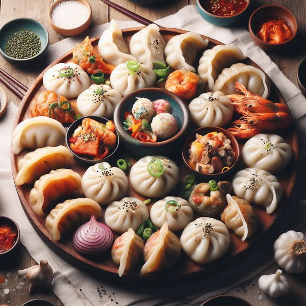 A plate of korean mandu and other korean dishes