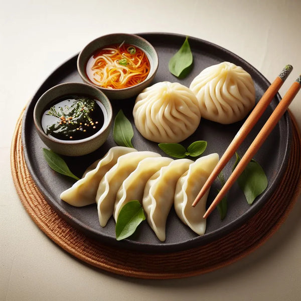 mandu and gyoza dumplings on a plate with some chopsticks  asian sauce