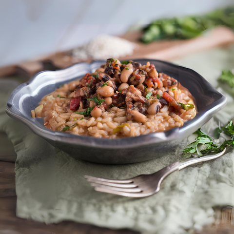 bowl of black eye peas over rice