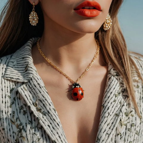 woman wearing a ladybug necklace