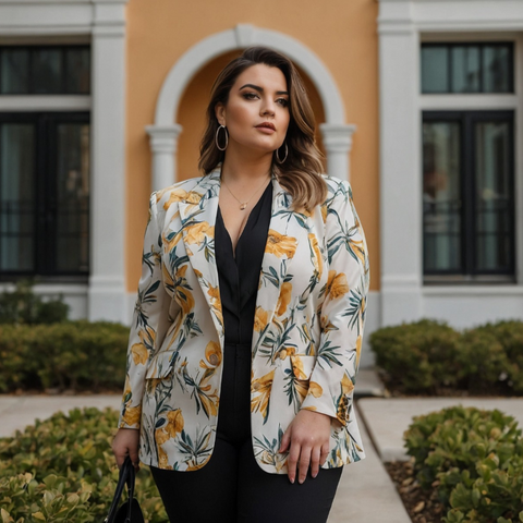 Woman wearing a floral blazer