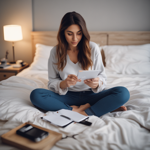 Woman sitting on bed with papers around her