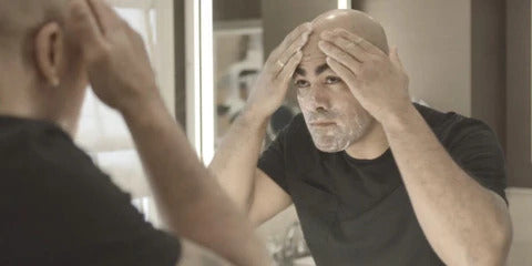 A bald man with black t shirt looking into the mirror and touching his scalp