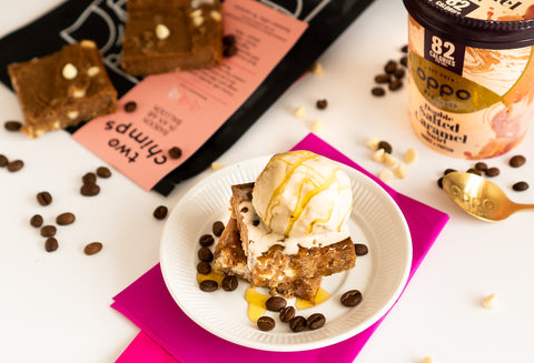Chickpea Coffee Blondies With A Scoop Of Oppo Brothers Double Salted Caramel Swirl Ice Cream On Top