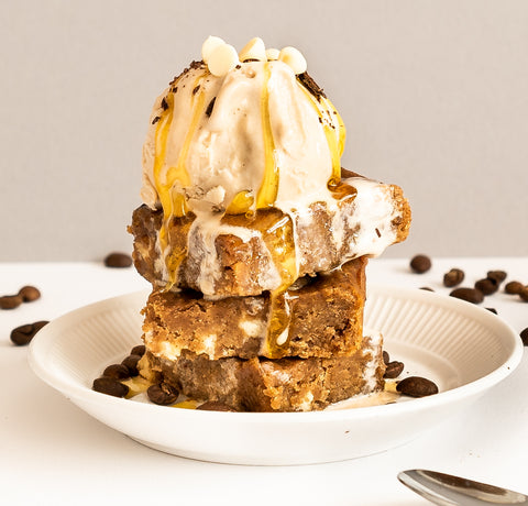 Chickpea Coffee Blondies With A Scoop Of Oppo Brothers Double Salted Caramel Swirl Ice Cream On Top