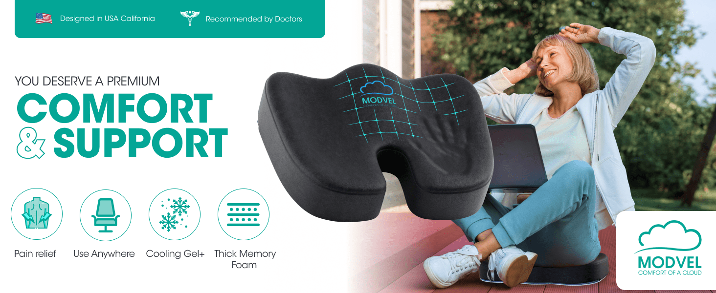 MODVEL Gel Enhanced Seat Cushion | High Density Memory Foam Pillow for Office Chair | Non-Slip Orthopedic Coccyx Pad | Back Pain Relief | Contoured Posture Corrector