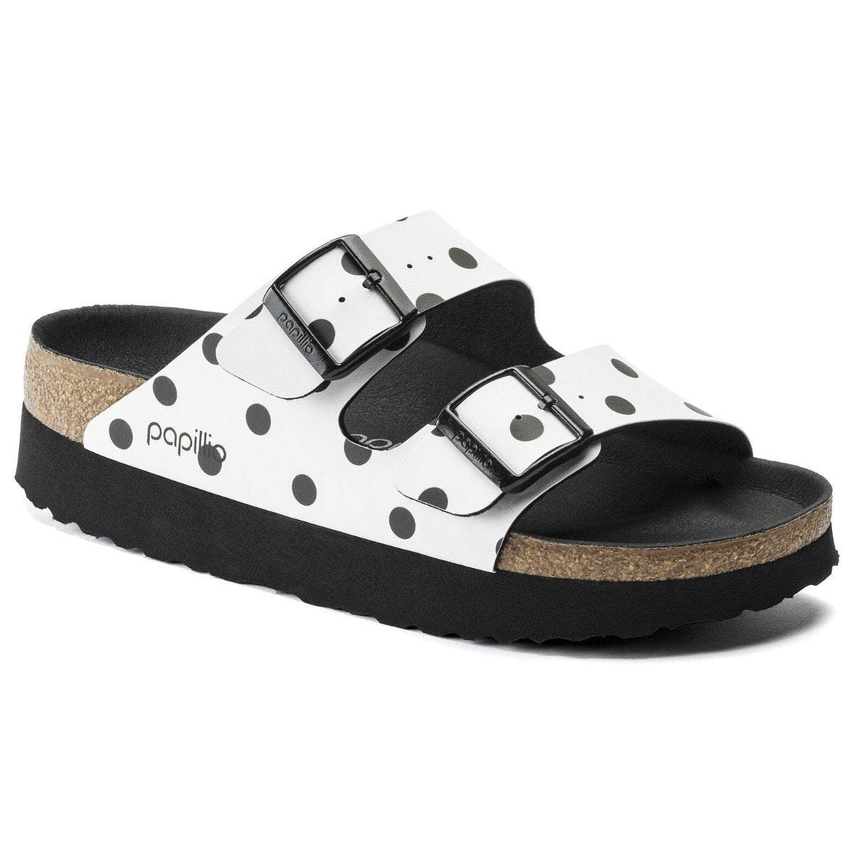 Papillio by Birkenstock, Arizona Platform Birko-Flor Leather Medium Width, Unisex, White/Black Dots