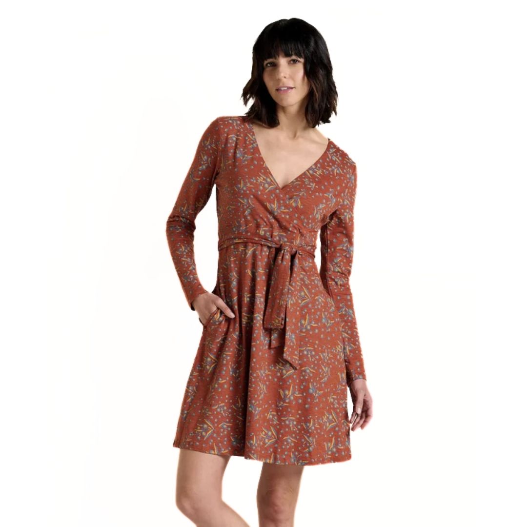 Toad & Co, Cue Wrap Long Sleeve Dress, Women, Cinnamon Seedpod Print (637)