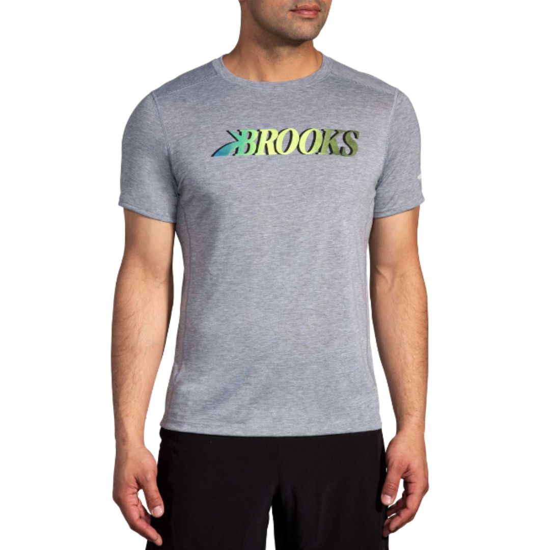 Brooks, Distance Short Sleeve 3.0, Men's, Heather Ash/Brooks Gradient