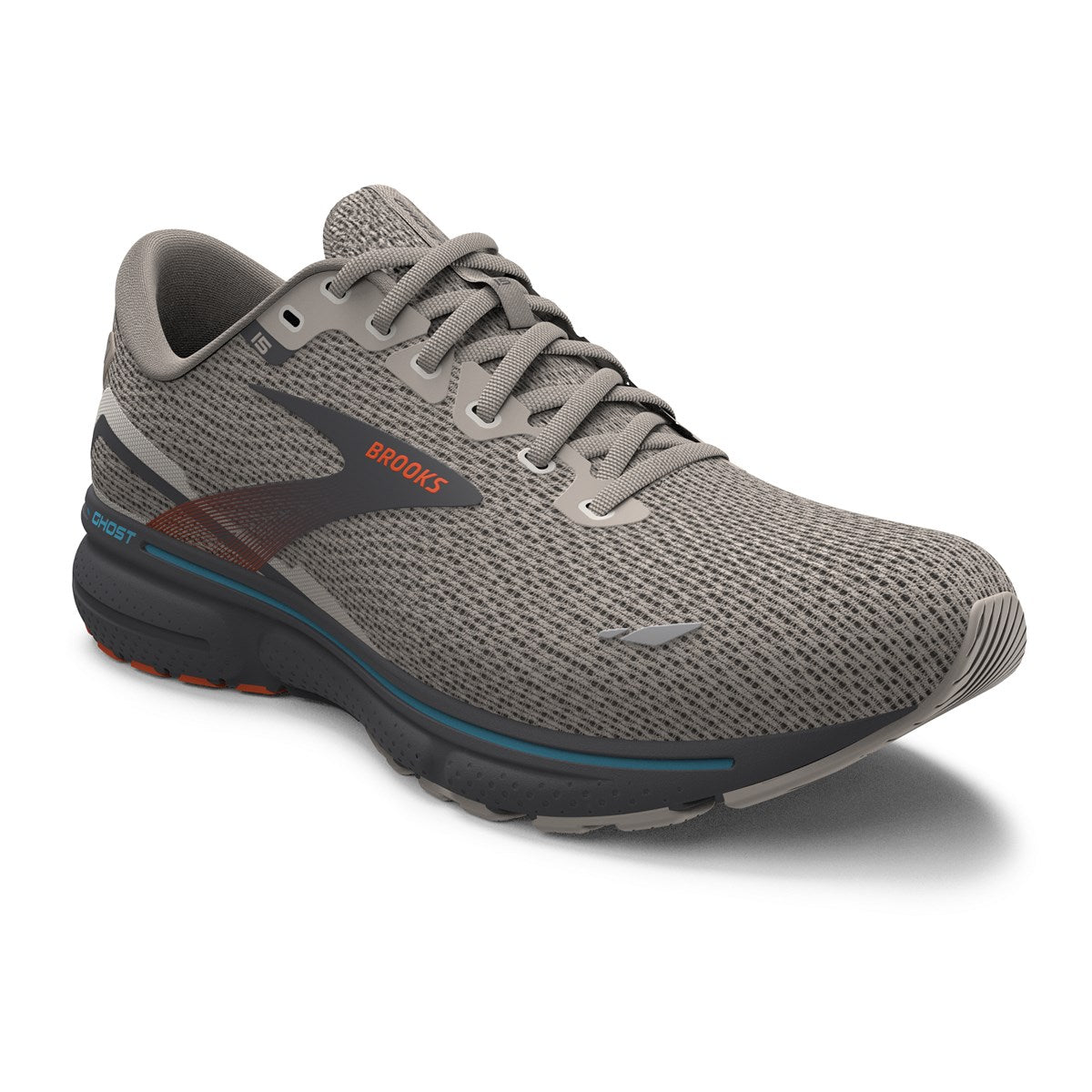 Brooks, Ghost 15, Men's, White Sand/Red Orange/Blue