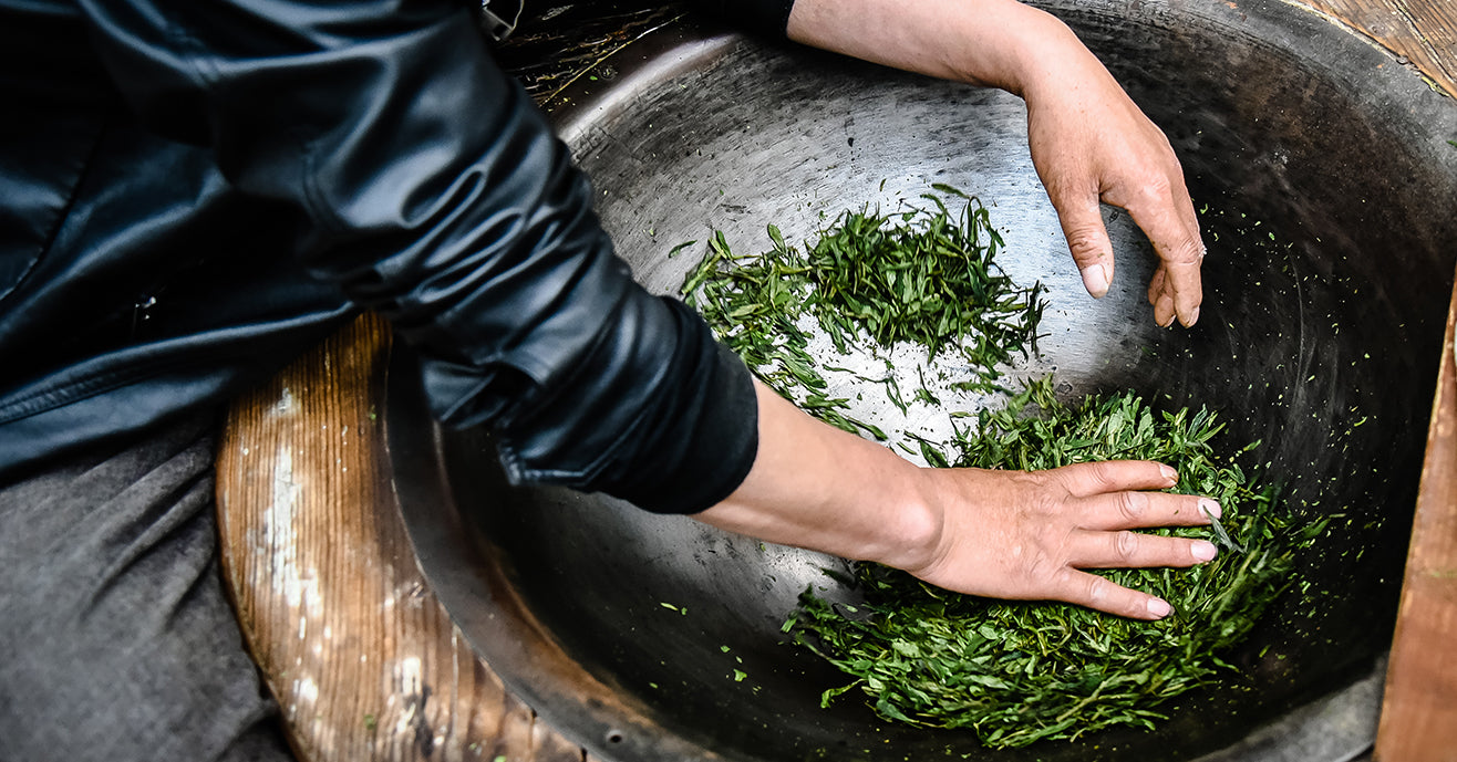 Pan shaping tea leaves, China