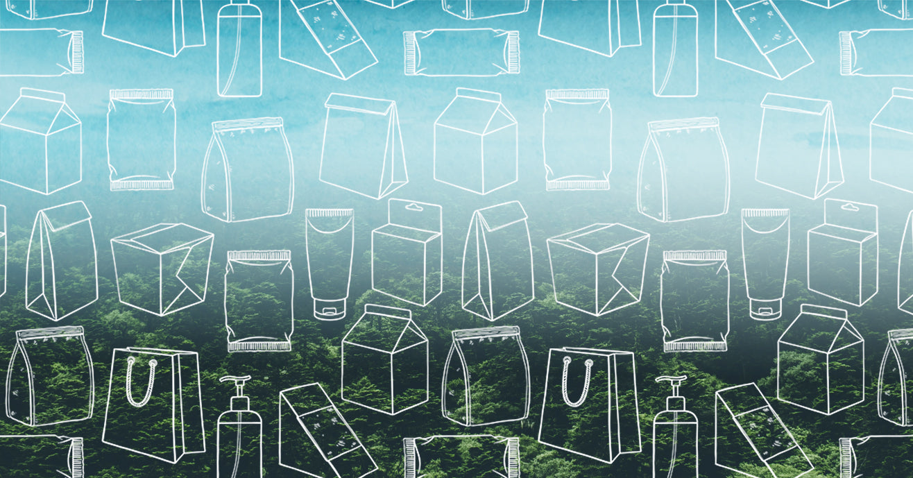 Illustration of a variety of packaging on a nature background.