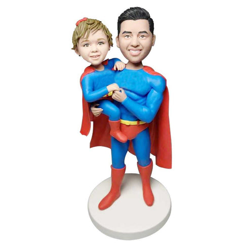 Superhero Dad Hugs Daughter Custom Superman Bobblehead