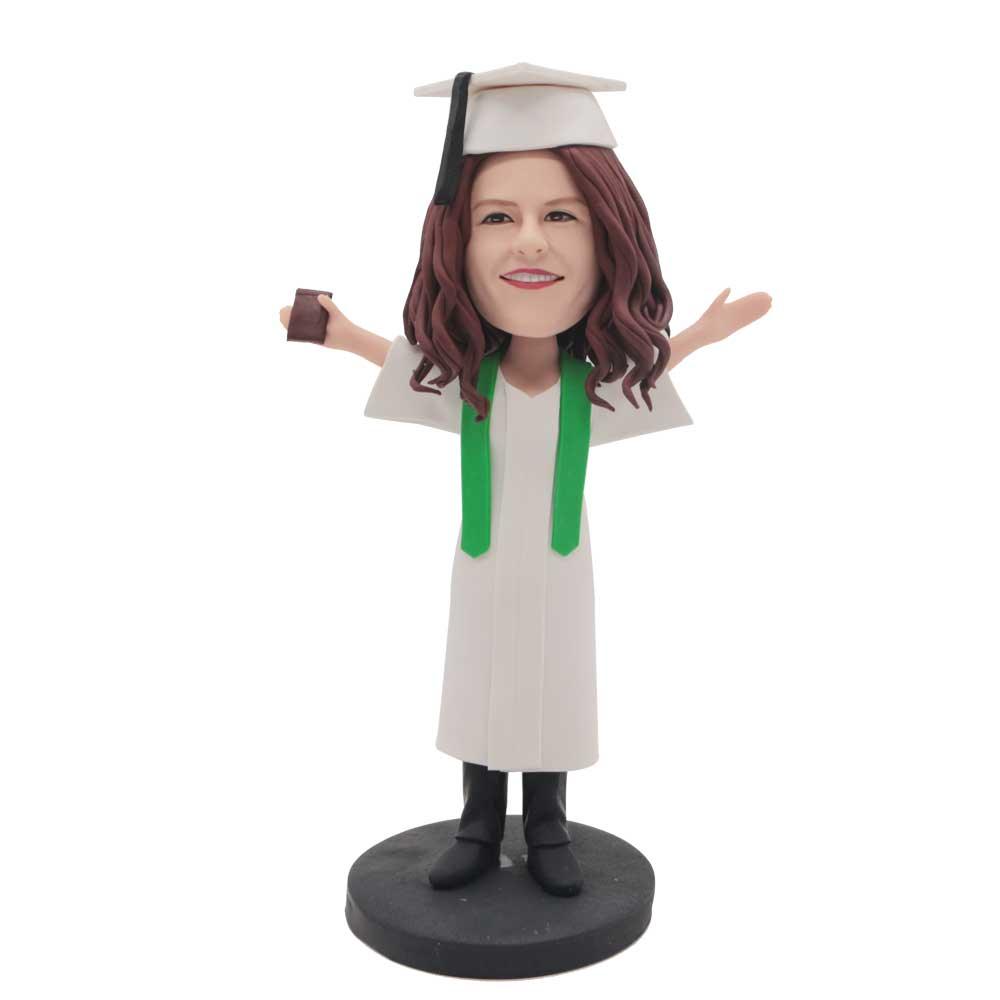 Happy Female In White Gown And Green Ribbon Custom Graduation Bobblehe ...