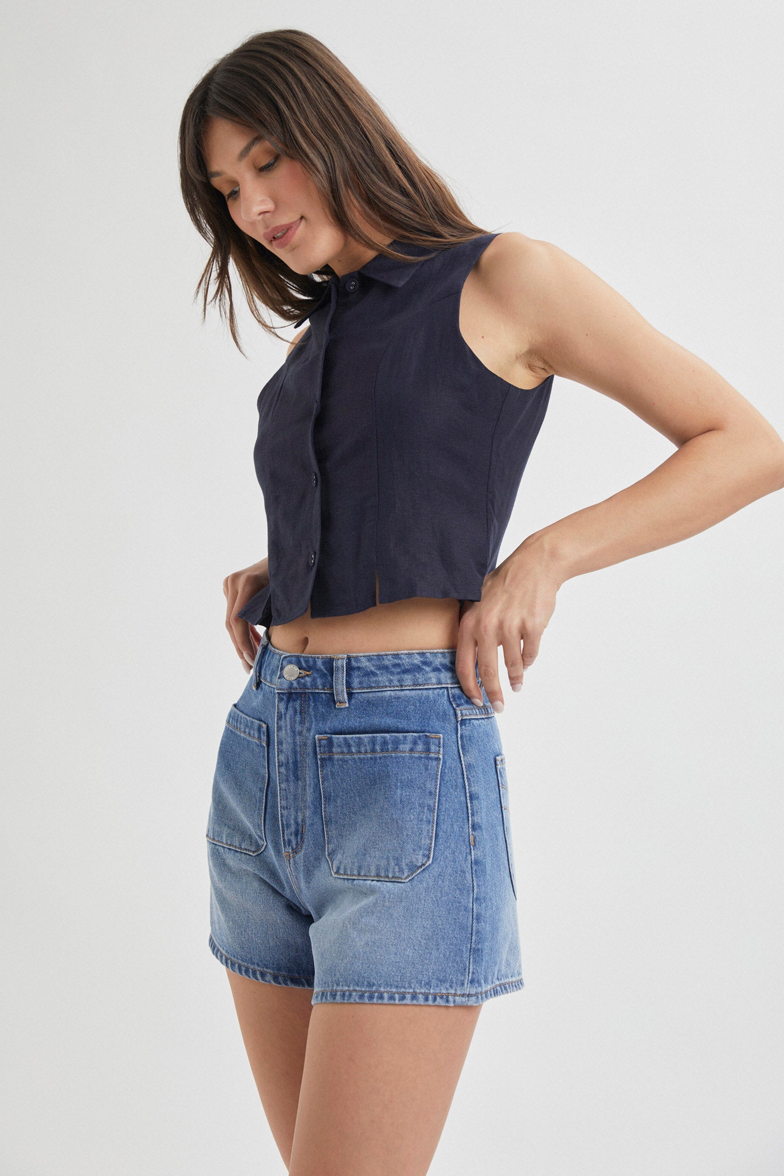 Buy Nina Linen Top - Navy Online | Rollas Jeans