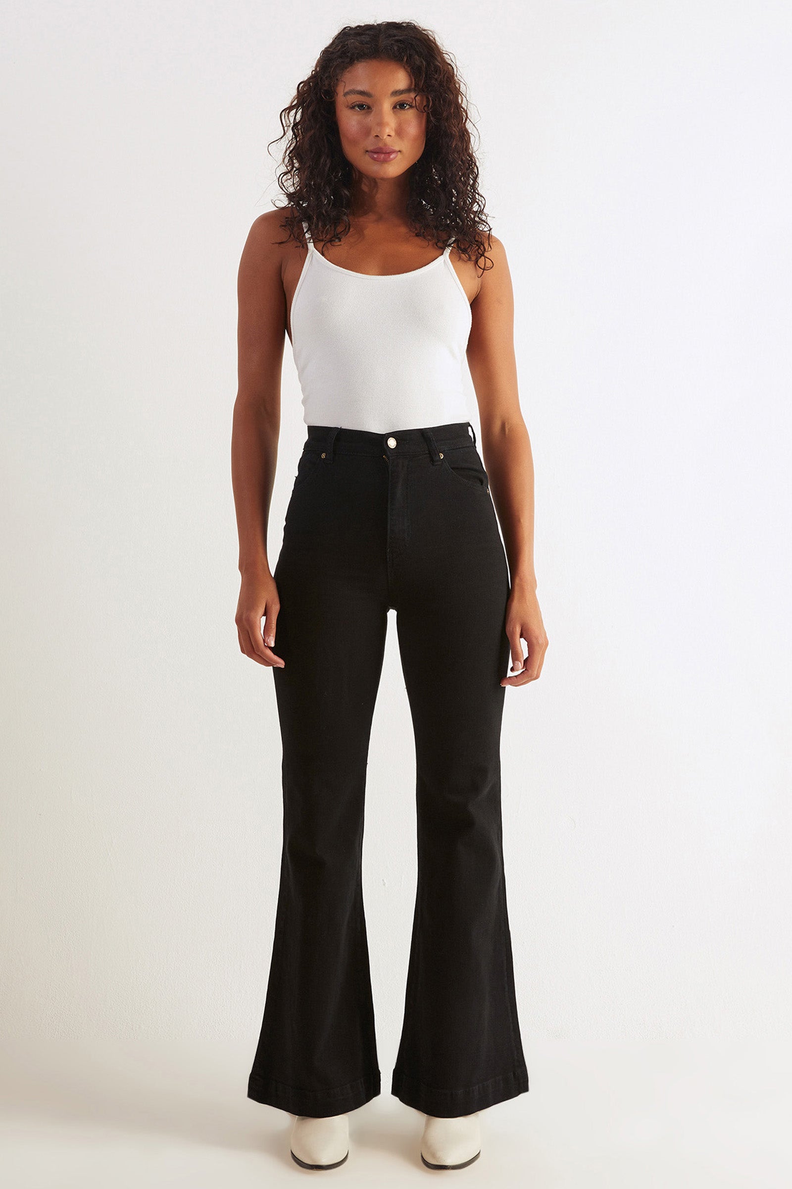 Black Flare Leg High Rise Jeans with Gold Exposed Back Zip - James Ascher