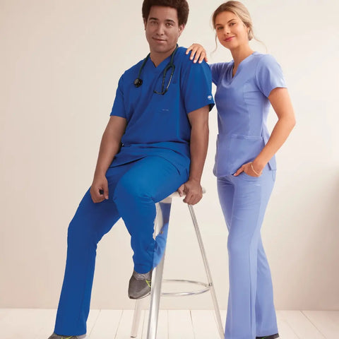 Male & female nurses wearing mondern fit scrubs.
