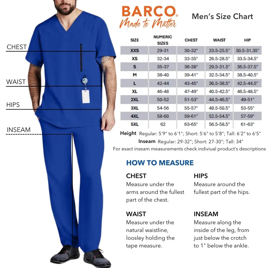 Barco Men's Fit Scrubs Size Chart